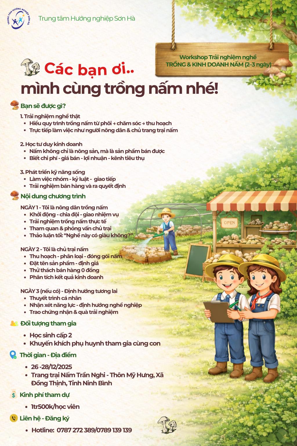 Trải nghiệm nghề TRỒNG & KINH DOANH NẤM (2-3 ngày)